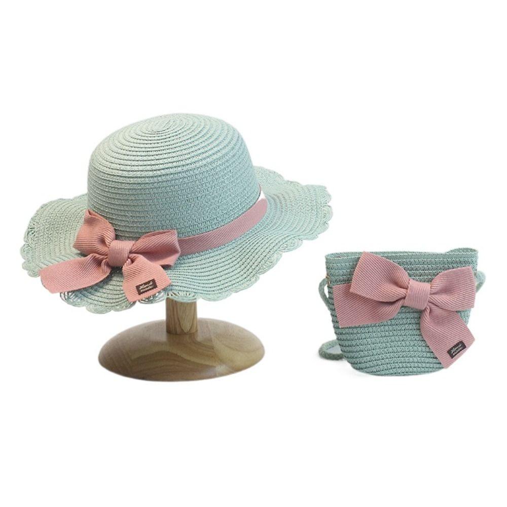 Handbag Ribbon Bow Travel Same Style Bags Children Straw Hat Sun Visor Hat Korean Style Girl Cap