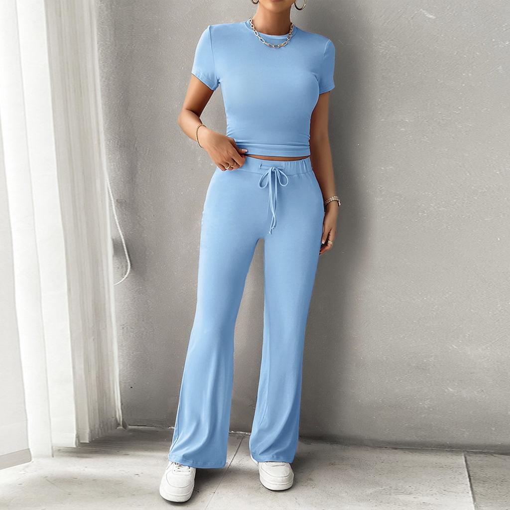 Летний темпераментный однотонный повседневный модный комплект с круглым вырезом