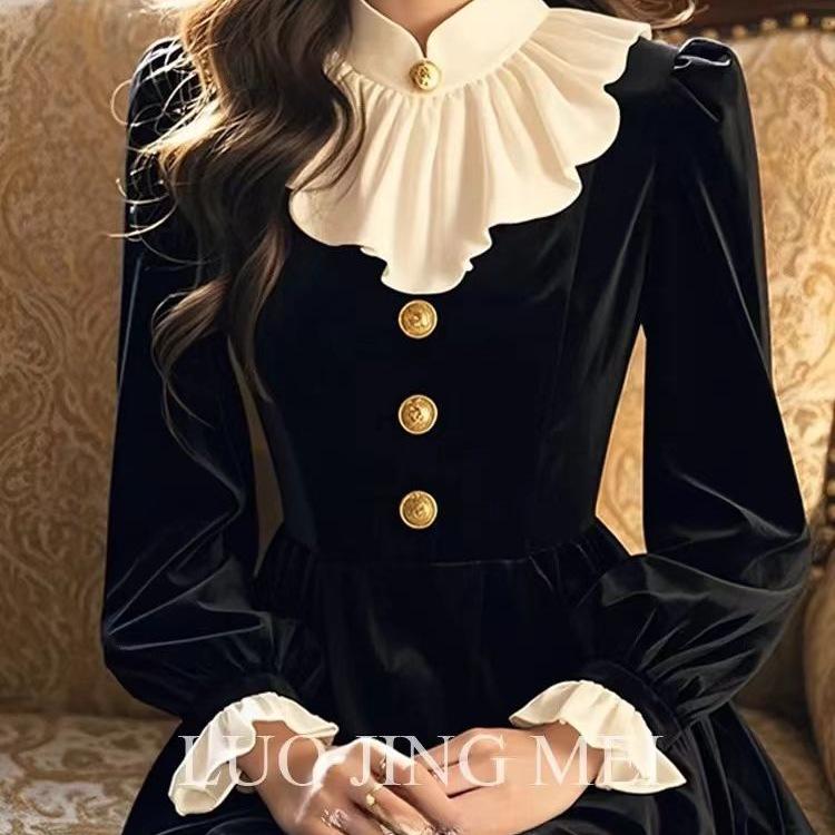 Элегантное Ретро Черное Бархатное Платье с Оборками - Осень/Зима