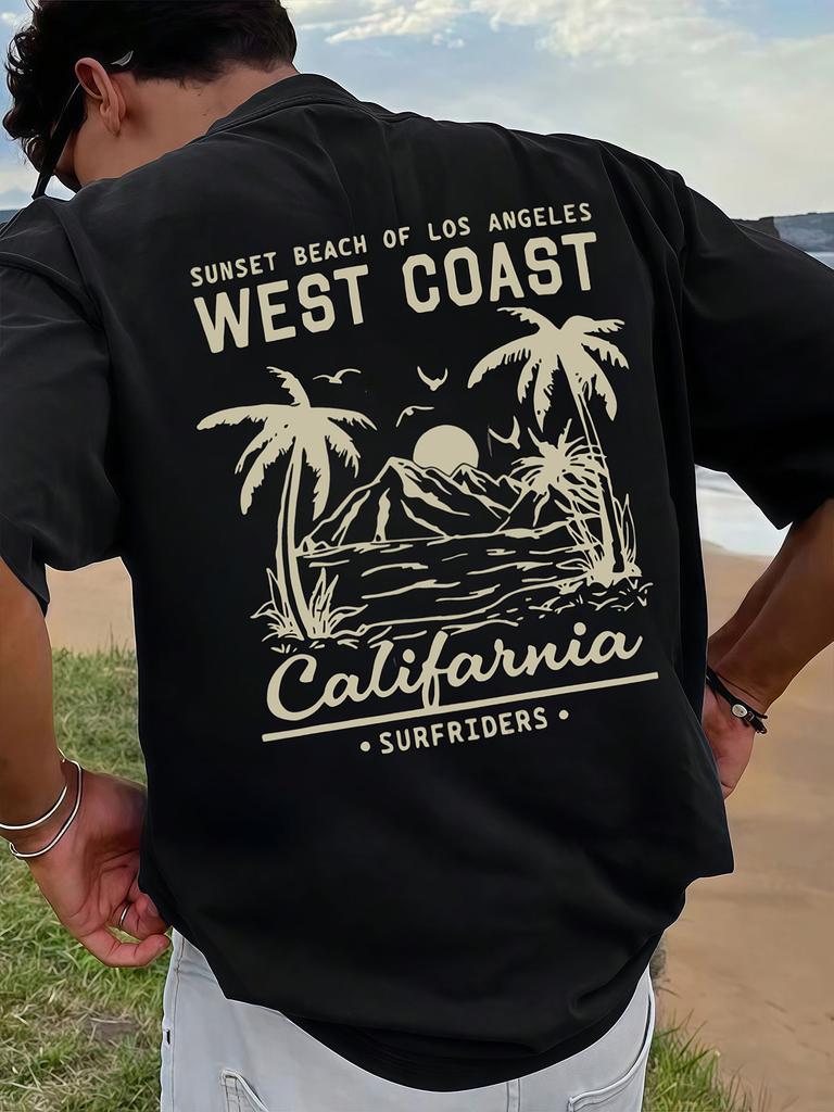 Summer Men's Cotton Vintage California Beach Graphic T-Shirt Sunset West Coast Surf Design Short Sleeve Round Neck Casual Tee