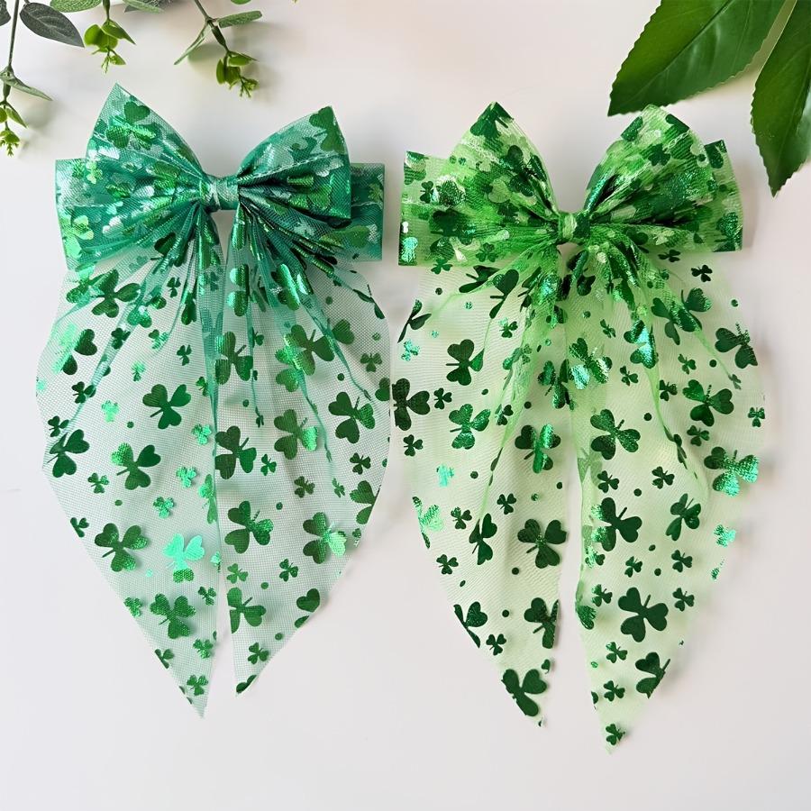 2pcs Elegant Sweet Shamrock Print Mesh Bow Spring Clip Hair Clips | Fabric Bow Tie Design, Ideal for Photography, St. Patrick'S Day