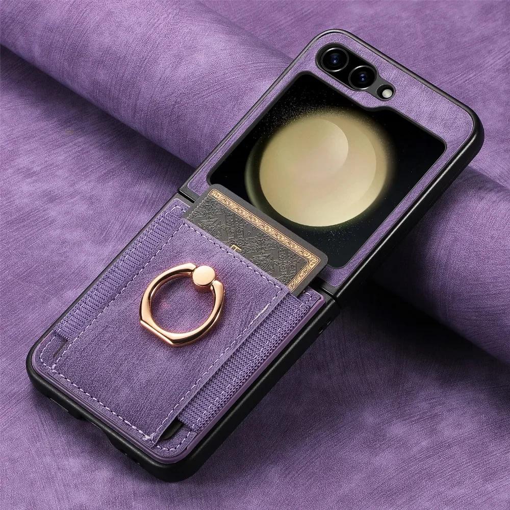 Retro PU Leather Wallet Cover for Samsung Z Flip 6 5 4 3 2 Flip6 Flip5 Flip4 Flip3 Flip2 5G Ring Card Slot Holder Phone Case