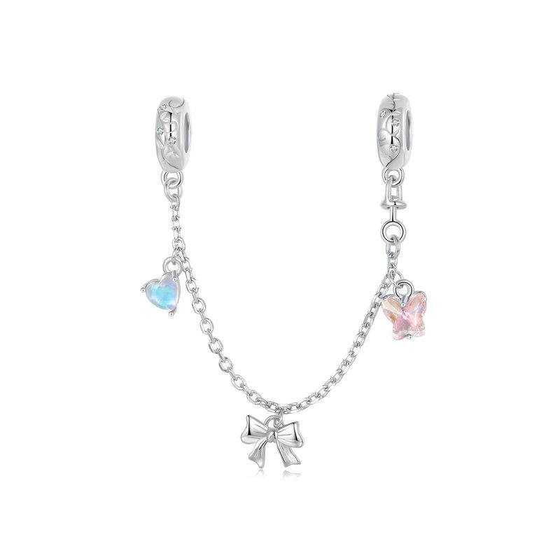 WOSTU 925 Silver Princess Pink Bear Bead Ballet Girl Charm Shoe Bow Pendant Saftey Chain Fit Bracelet Neckalce DIY Gift