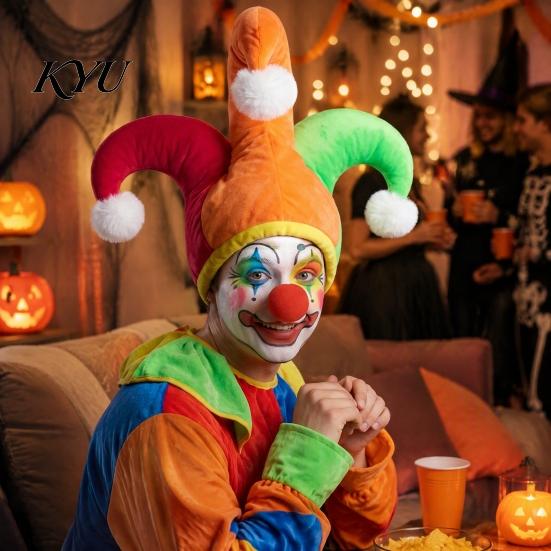 One Size Fits Most Clown Gear Flannel Hat with Red Nose for Halloween & Costume Party, Plush Versatile Novelty Event Gift Three Color Blocked Headwear