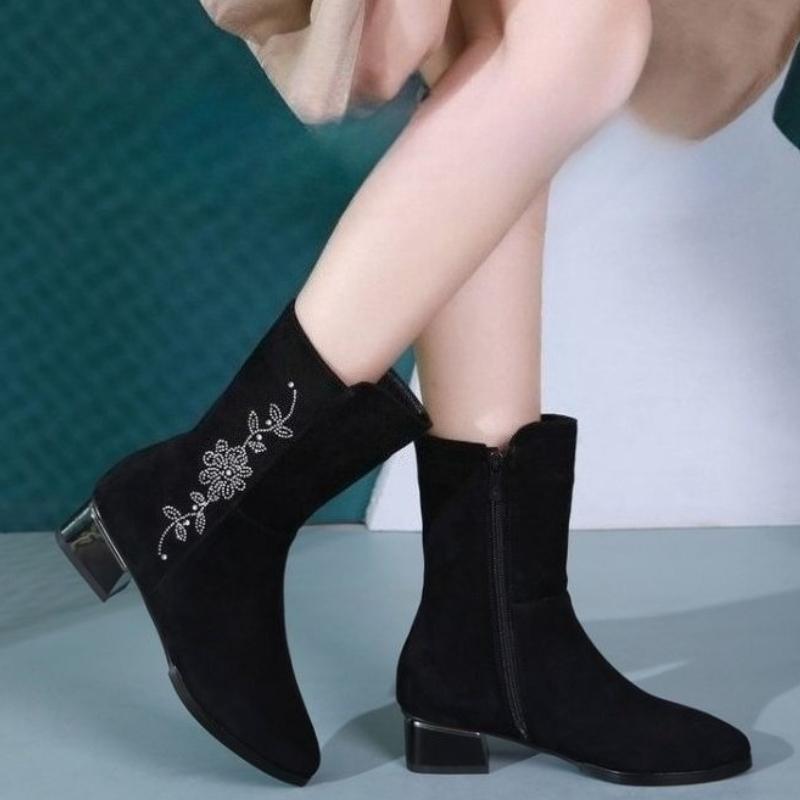 Модные полусапоги на среднем каблуке с флисовой подкладкой для женщин Зимние ботинки до середины икры со стразами Женские 2025 Новинка Y2k Косплей Новые Рок-ботинки
