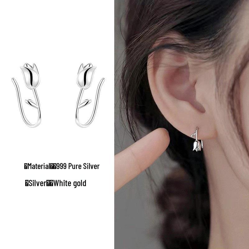 Серьги-каффы из цельного стерлингового серебра S999 в виде цветка тюльпана и розы, корейский стиль, женские украшения