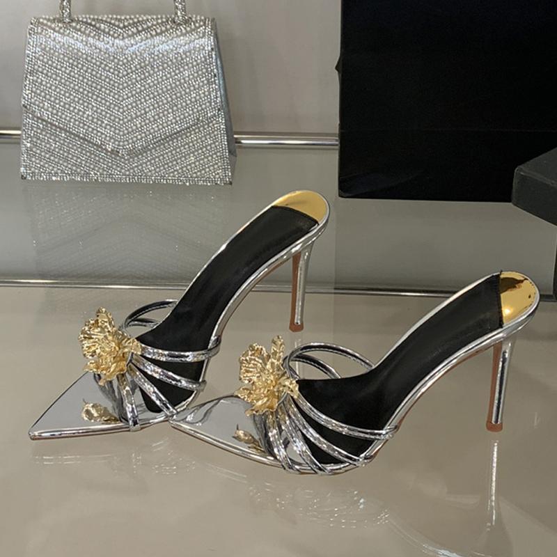Sexy Pointed Toe White High Heels Party Slippers Ladies Metal Flowers Designer Sandal Banquet Shoes Women Mules Slides