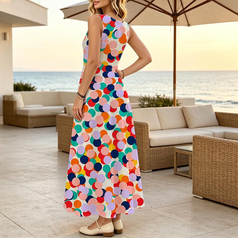 Bohemian Sleeveless A-Line Maxi Dress Vibrant Multi-color Polka Dots,Flowy Lightweight,Full Skirt for Casual Home,Daily Wear & Vacation