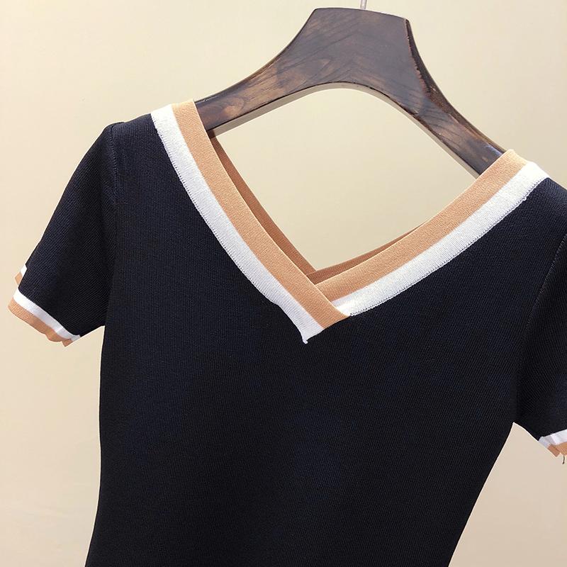 Женская футболка с V-образным вырезом, футболка, контрастная полосатая, вязаная, летний сезон, топ, футболка, женская одежда, футболка, женские футболки