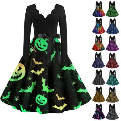 Женские повседневные модные винтажные длинные платья с длинным рукавом на Хэллоуин и графическим принтом