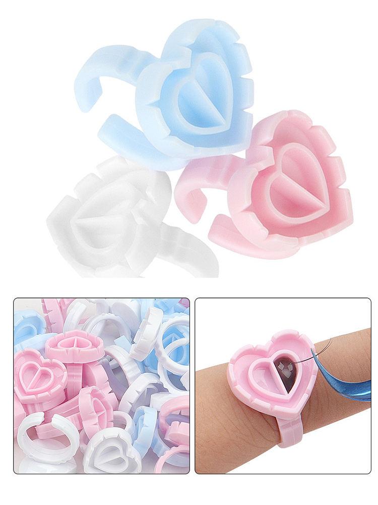 100Pcs Heart Shape Lash Glue Rings with Divided Cup, Flower Design Eyelash Extension Finger Ring Holder for Lash Artists