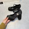 Skinny Mary Jane Shoes Women's 2025 Autumn New Thick Heel Korean Version with Rhinestone Decoration Square Head Single Shoes High Heels