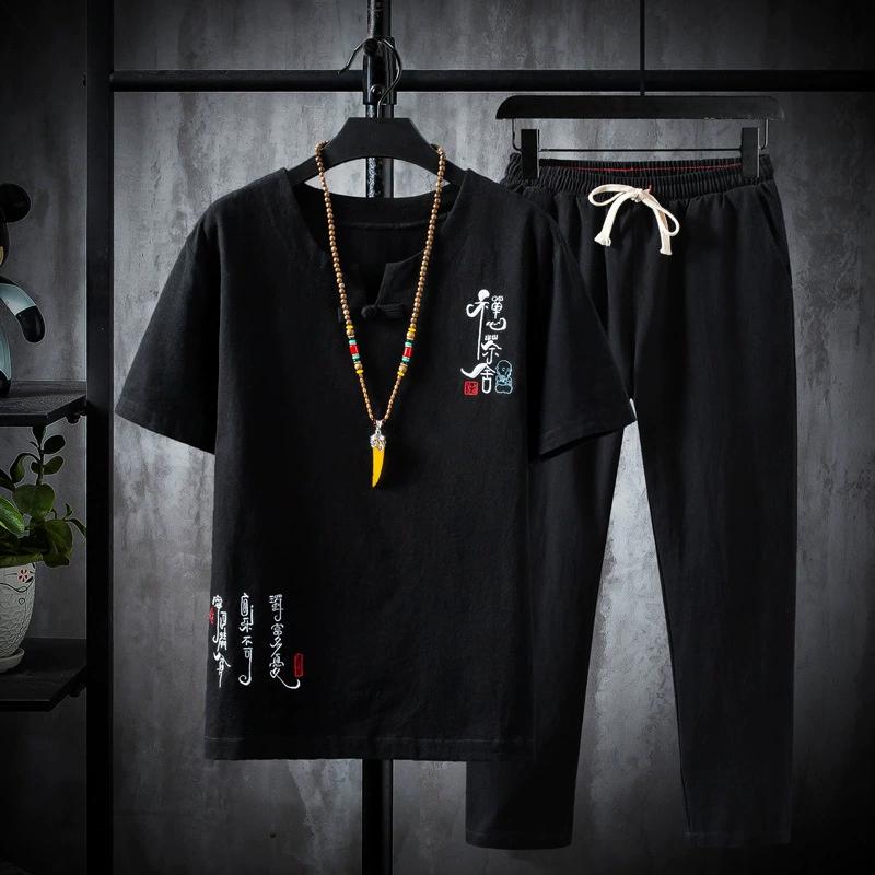 Летний мужской повседневный костюм в китайском стиле, однотонная мужская футболка с короткими рукавами из хлопка и льна с вышивкой в стиле ретро, мужской костюм