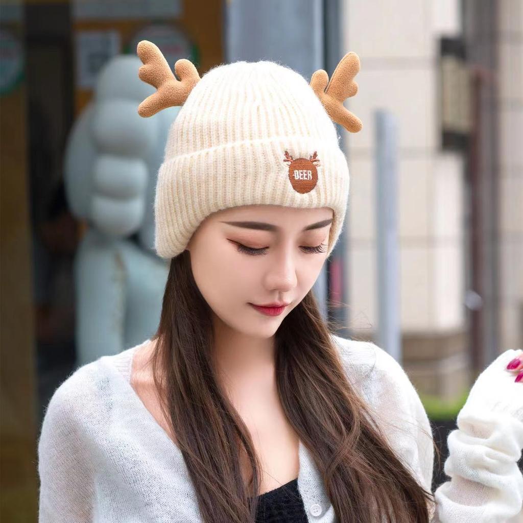 Christmas Antler Hat, Ear Protector, Knitted Wool Hat, Plush Thermal Pullover Hat, Outdoor Outing, Cute Elk