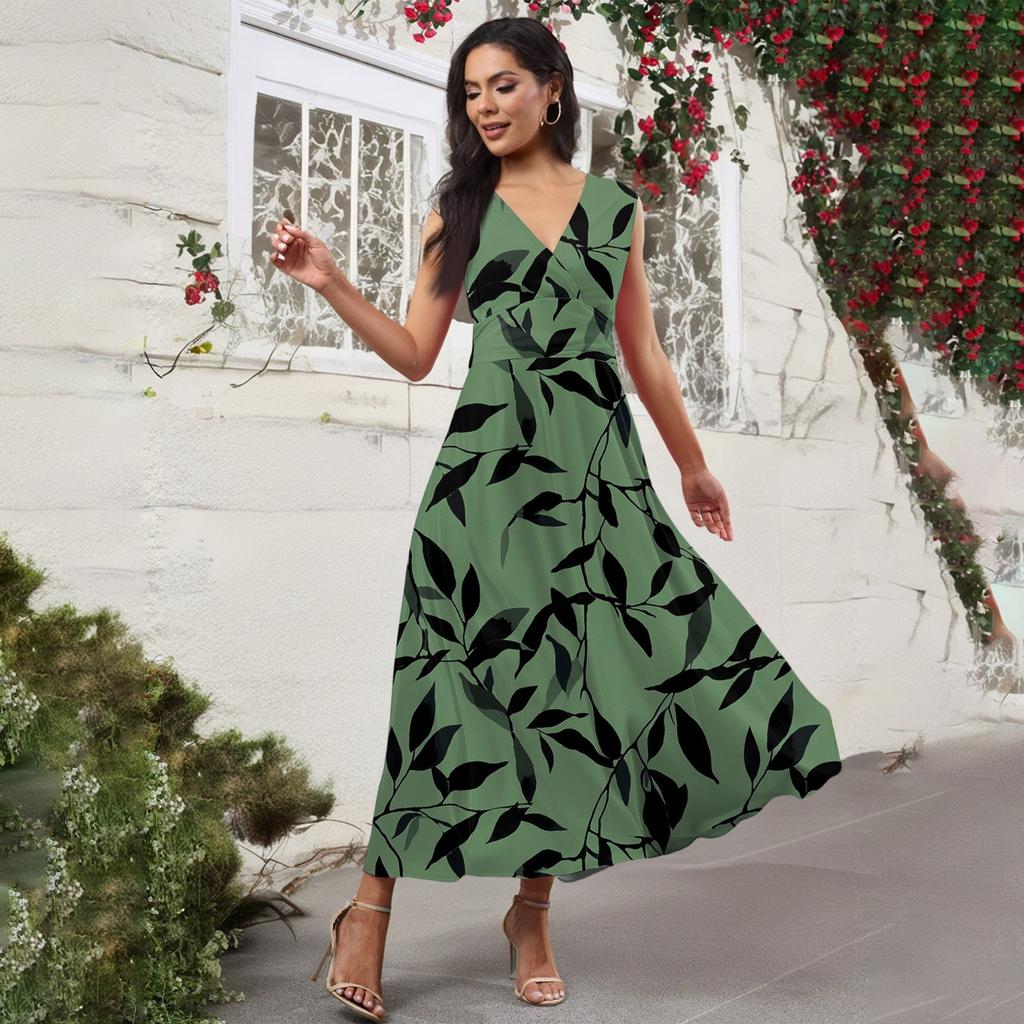Women's Casual And Fashionable Floral Print V-Neck Sleeveless Dress Sleeveless Dress