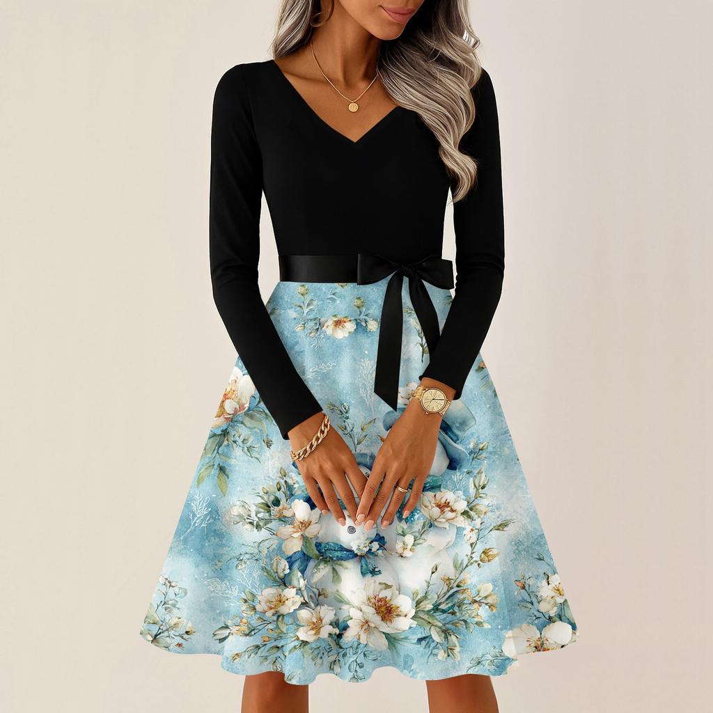 Женское рождественское платье с принтом, повседневное и модное, с V-образным вырезом и длинными рукавами