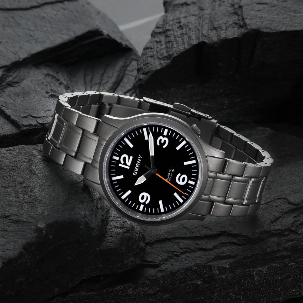 BERNY Часы мужские титановые мужские часы мужские часы японские кварцевые часы с секундной стрелкой VH31 5ATM водонепроницаемые аналоговые кварцевые часы супер светящийся сапфир