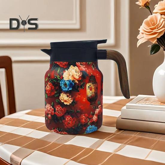 Винтажный заварочный чайник с цветочным узором и встроенным фильтром, V-образным носиком, заварочный чайник для воды под давлением, 1000 мл, изолированный заварочный чайник из нержавеющей стали для