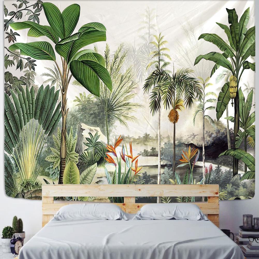 Гобелен с тропическим лесом, настенный подвесной семейный декор для спальни, полиэстеровая ткань, богемный растительный художественный принт