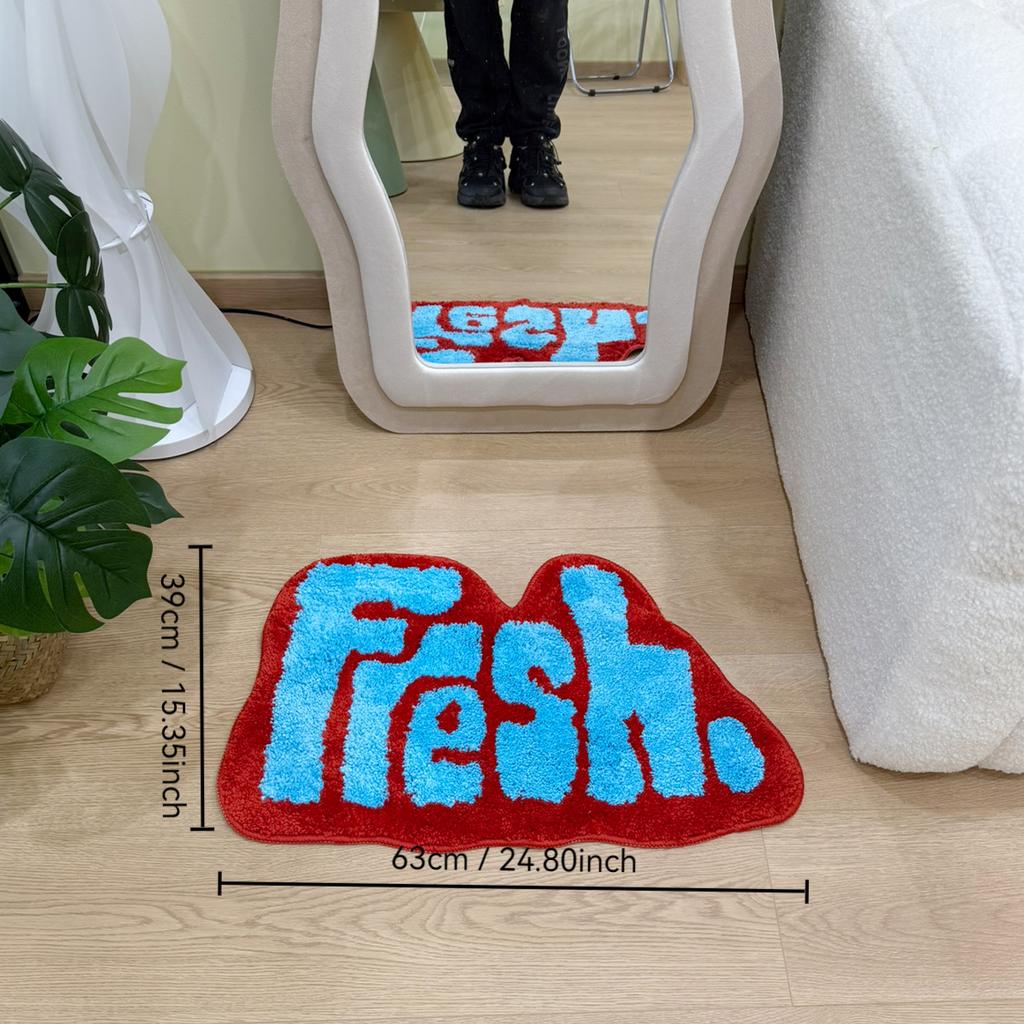Funky "Fresh" Slogan Tufted Floor Rug, Bold Color Block Graffiti Mat, Anti-Skid Eye-Catching Carpet for Streetwear Aesthetic Fan