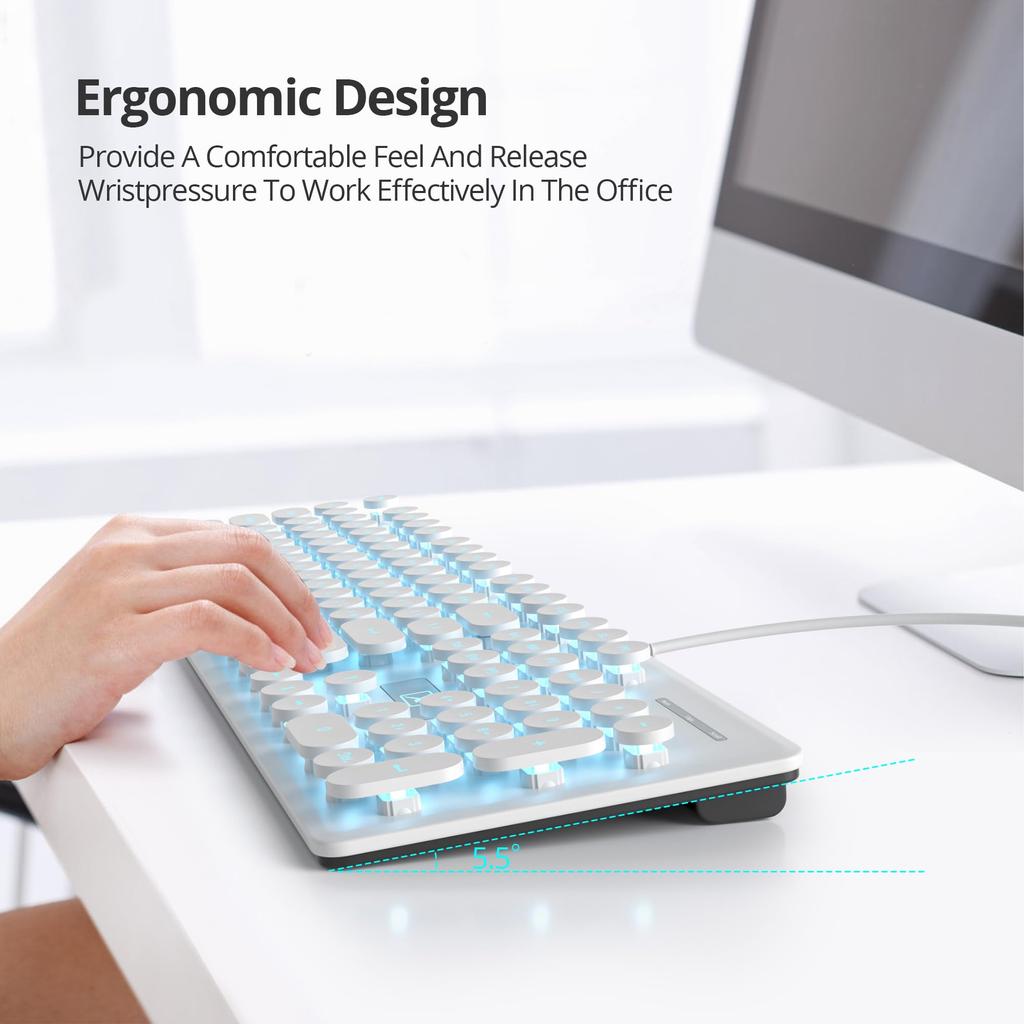 Проводная бесшумная мембранная полноразмерная 104-клавишная ретро-панк-пишущая машинка белого цвета со светодиодной подсветкой USB ультратонкая игровая клавиатура с круглыми клавишами из АБС-пластика для клавиатуры,