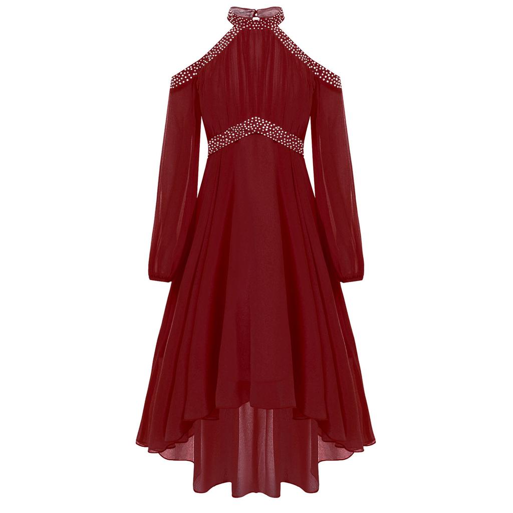 Girls Elegant Party Gown Halter Off Shoulder Long Sleeve High Waist Ruffled Irregular Hem Fake Diamond Design Dress