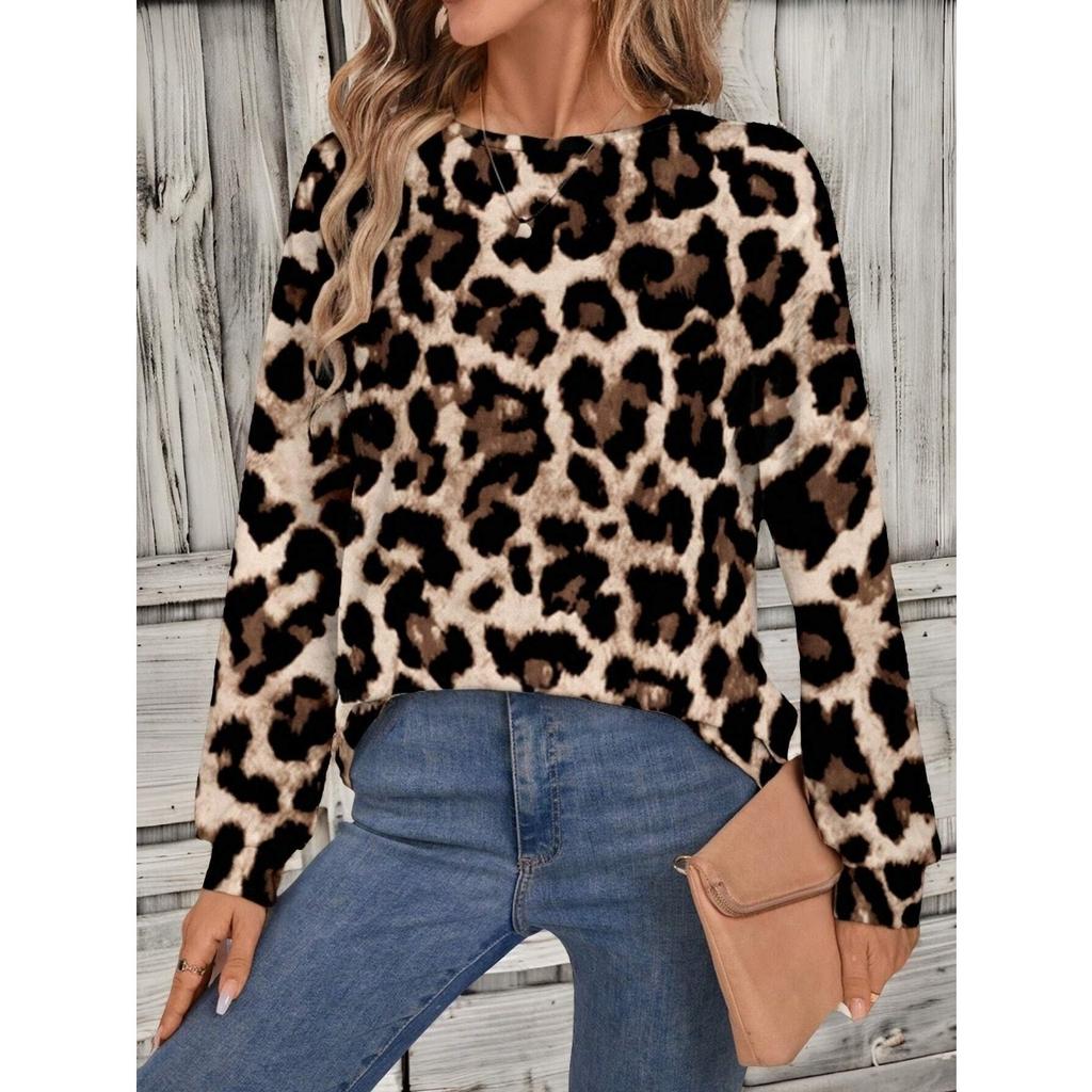 Женские толстовки с круглым вырезом, 3D-принтом с леопардовым узором, модные повседневные с длинным рукавом