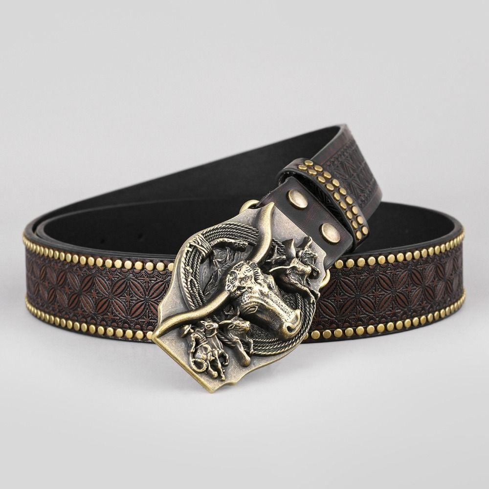 Retro Western Cowboy Men's PU Leather Belt Luxury Design Trendy Brand Ox Head Waistband Jeans Pants Belt
