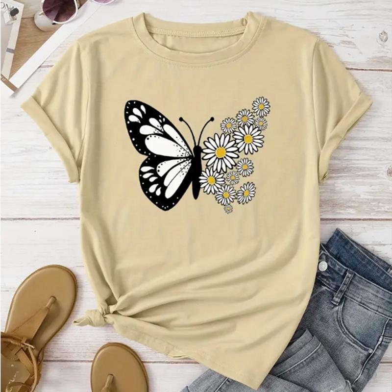 Модная женская футболка с принтом бабочек и цветов, забавная повседневная футболка с круглым вырезом и короткими рукавами, летняя женская футболка