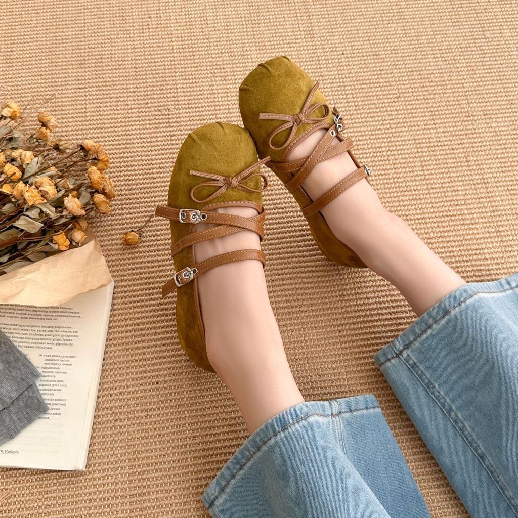 Retro suede flat Mary Jane shoes women's spring and autumn new light-mouth bow soft-soled ballet shoes