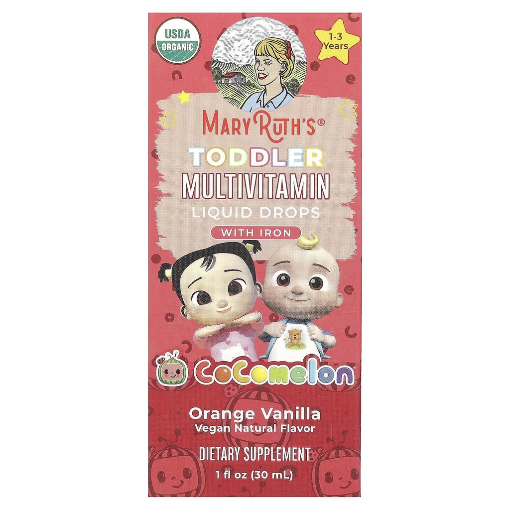 MaryRuth's, Cocomelon, Детские мультивитамины, Жидкие капли, с железом, Возраст 1-3 года, Апельсин-ваниль, 1 жидкая унция (30 мл)