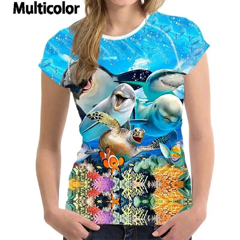 Новые женские модные летние повседневные футболки с короткими рукавами и круглым вырезом с 3d принтом, женские рубашки с дельфинами
