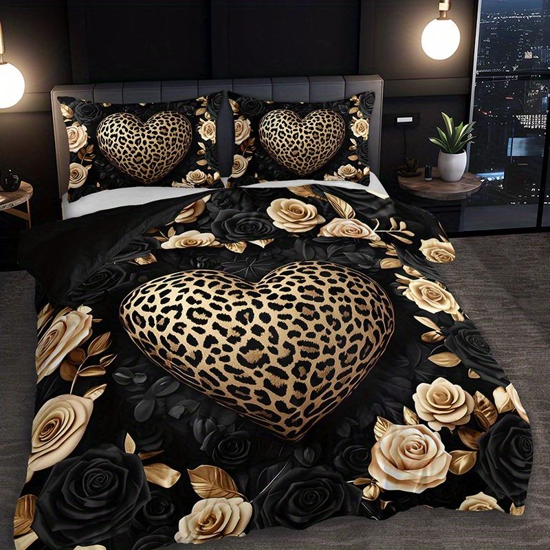 Набор пододеяльников с принтом леопарда, сердца и розы, 2/3 предмета, Роскошное постельное белье в винтажном стиле, для всех сезонов, декор для дома, общежития