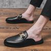 New Men Black White Metal Button Half Slippers Driving Shoes Male Casual Mules Moccasins Breathable Loafers Zapatos Hombre
