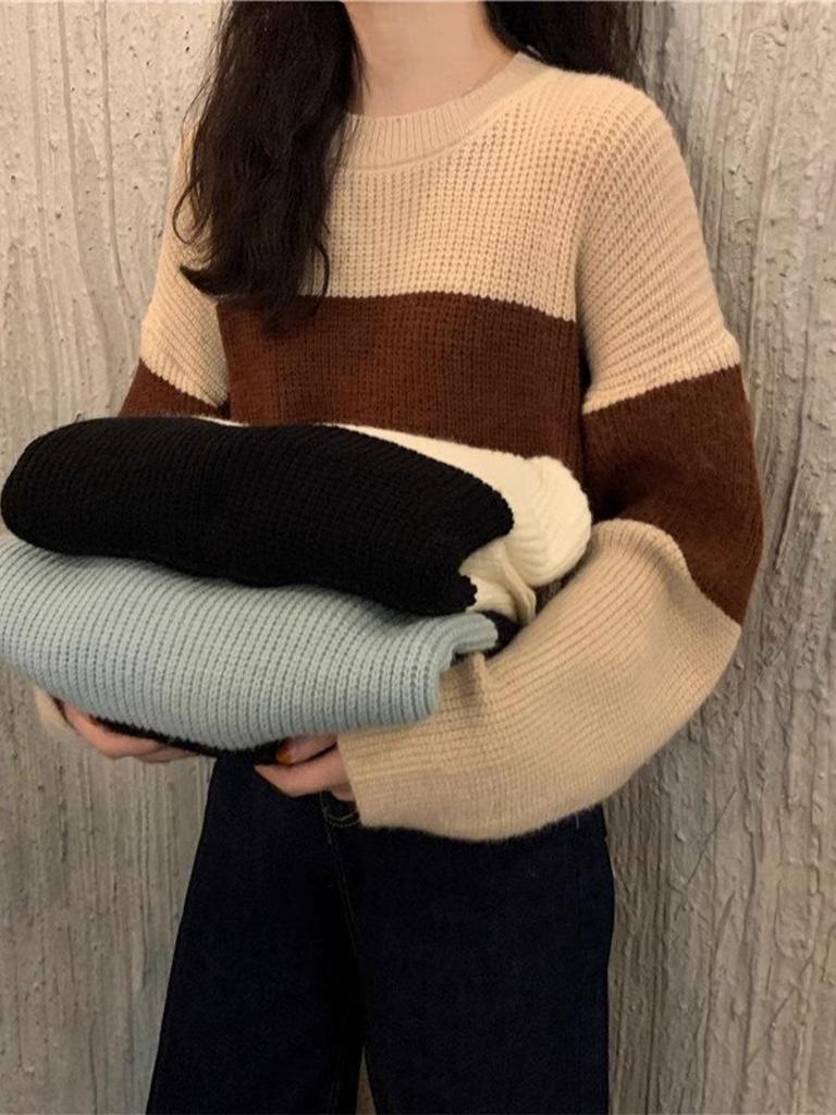 Women's Versatile Striped Color Block Round Neck Sweater - Slimming Long Sleeve Knit Top for Autumn & Winter