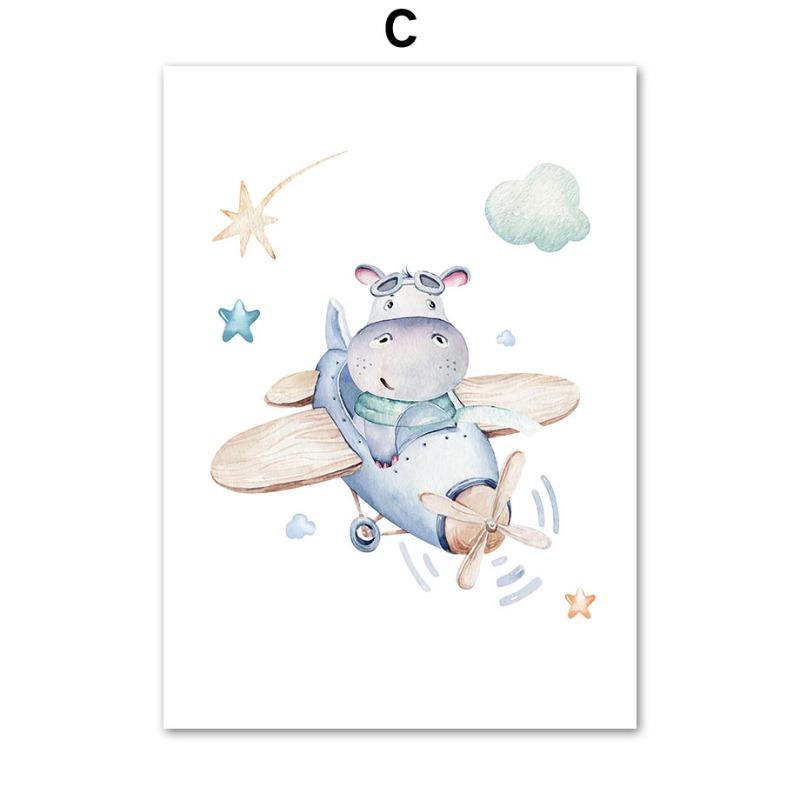 Зебра Жираф Лев Медведь Самолет Приключение Детская Настенная Живопись на Холсте Скандинавский Постер Картинки Декор Комнаты для Мальчика