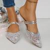 Two-Wear Wrapped Square Heel Slippers Fashion Pointed Toe Sequined Mesh Breathable Non-Slip Wear-Resistant Strap Heels