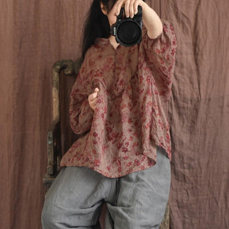 Johnature Женские винтажные футболки Ramie, футболки с v-образным вырезом и длинными рукавами, цветочный принт, одежда высокого качества, весенние свободные футболки