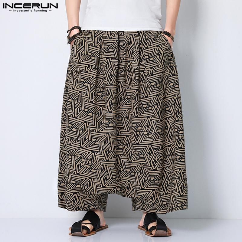 INCERUN Men Solid Color Drop Crotch Printed Wide Leg Pants Trousers