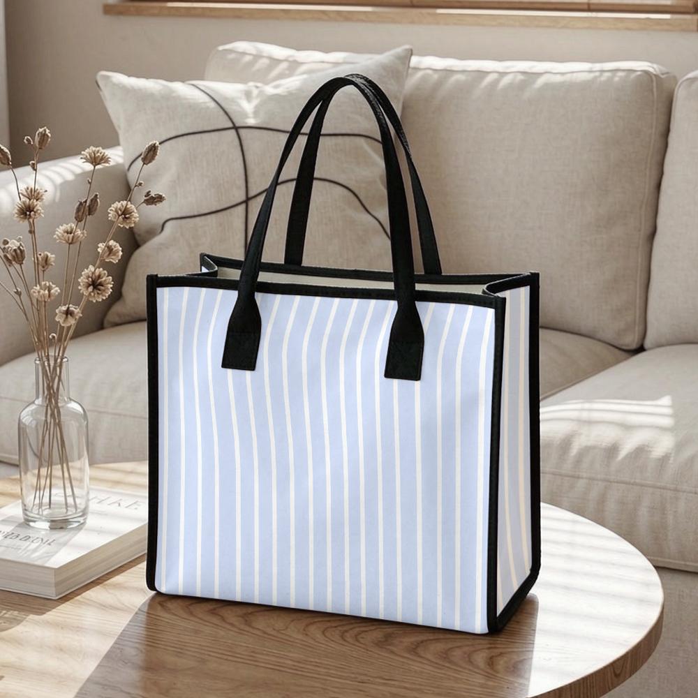 Light Blue Striped Canvas Tote Bag Fashion Casual Large Capacity Women Daily Handbag