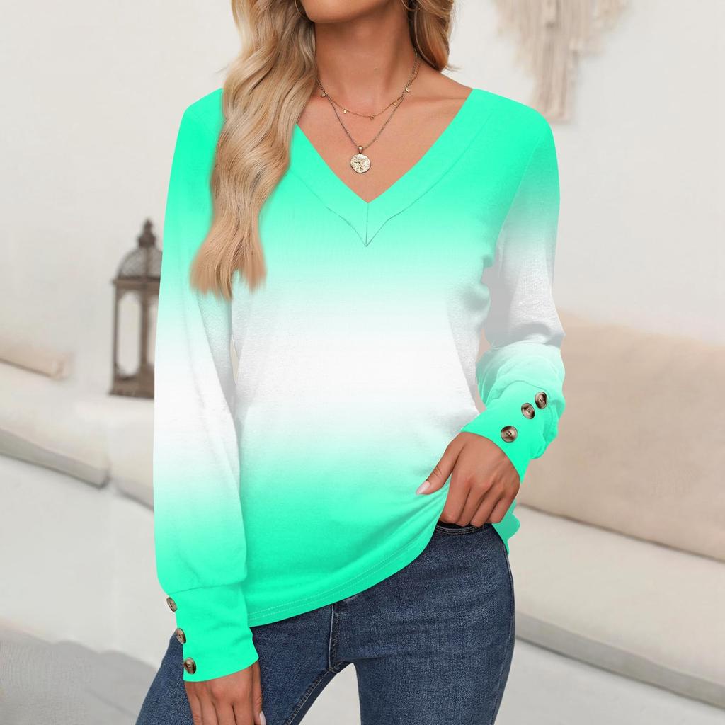 Women's Tops Gradient Printed Long Sleeve Shirt V Neck Casual Loose T-Shirt Autumn Clothing