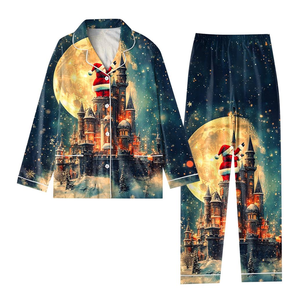 Детский рождественский костюм из 2 предметов с принтом, топ с длинными рукавами и застежкой на пуговицы, широкие брюки, комплект пижамы, домашний повседневный костюм