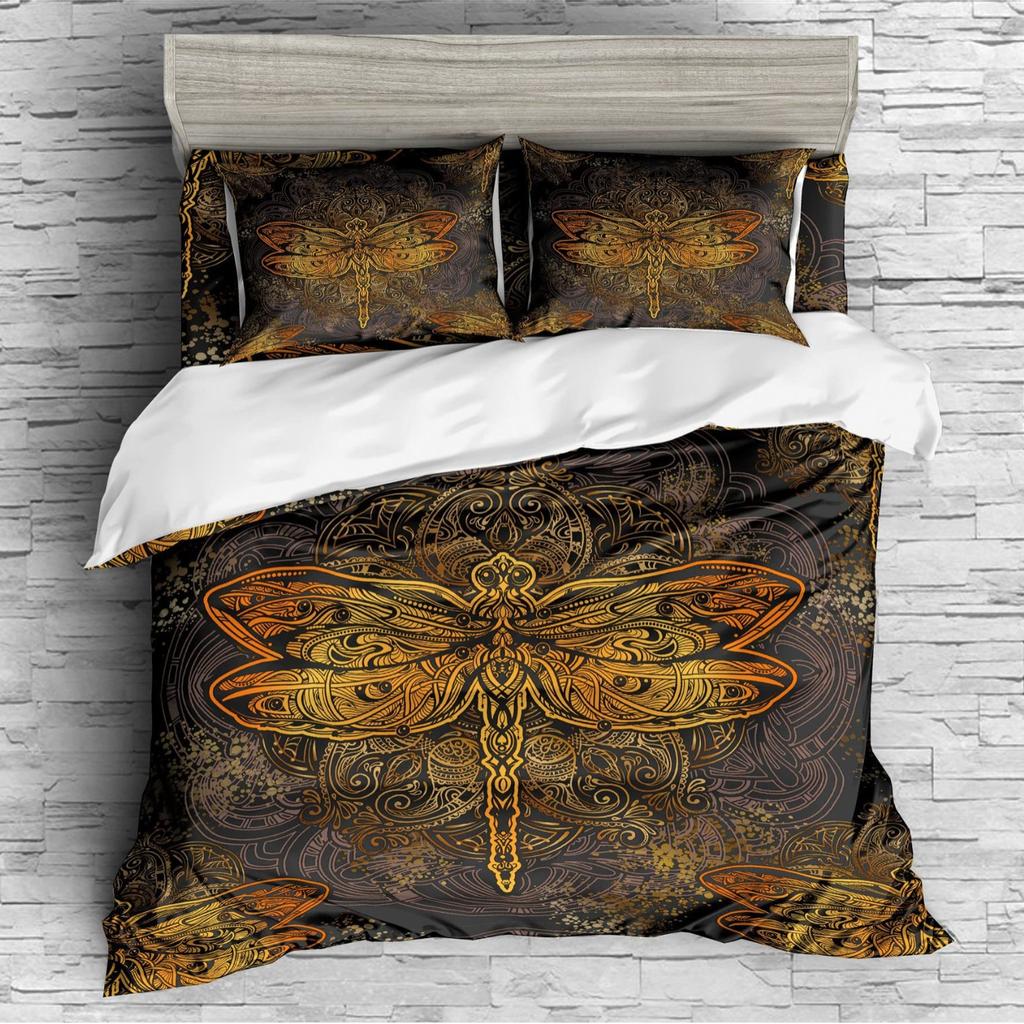 Dragonfly Quilt Cover Set Plant Flower Soft Comfortable Bedding Down Quilt Cover Three-Piece Set