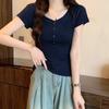 Blue Gentle Right-shoulder Short-sleeved T-shirt Spring and Summer New Half-open Collar Western Style Slimming Bottoming Threaded Top