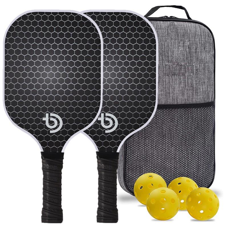 Pickleball Paddle Set With Fiberglass Construction Training Competition Includes 2 Paddles 4 Balls 1 Gray Carry Bag