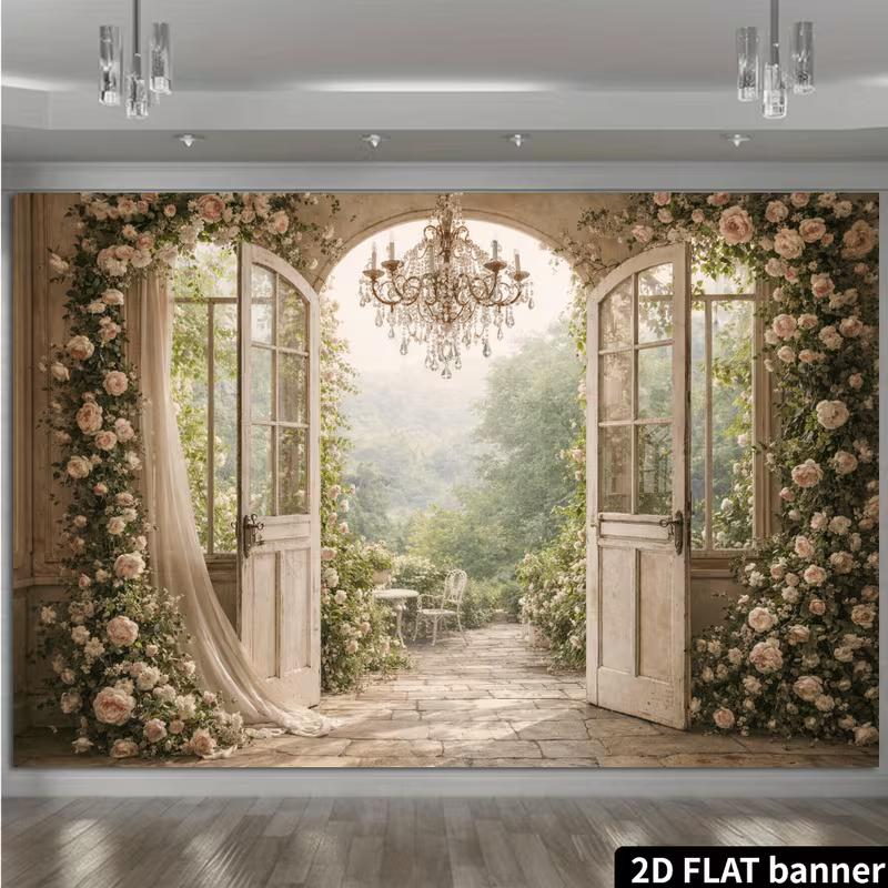 2D Printed Floral Garden Backdrop French Doors, Chandelier & Roses Background Cloth