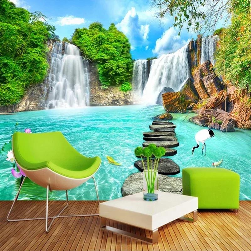 Индивидуальные фрески, обои, 3D стерео, водопады, пейзаж, фото, настенная живопись, гостиная, телевизор, диван, фон, стена, домашний декор, фреска
