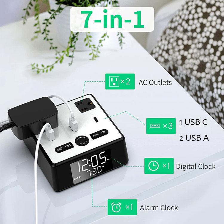 Smart Loud Hotel Best Desk Digital Alarm Clock and Charging Station With Usb a and C Charger AcOutlets for Heavy Sleepers