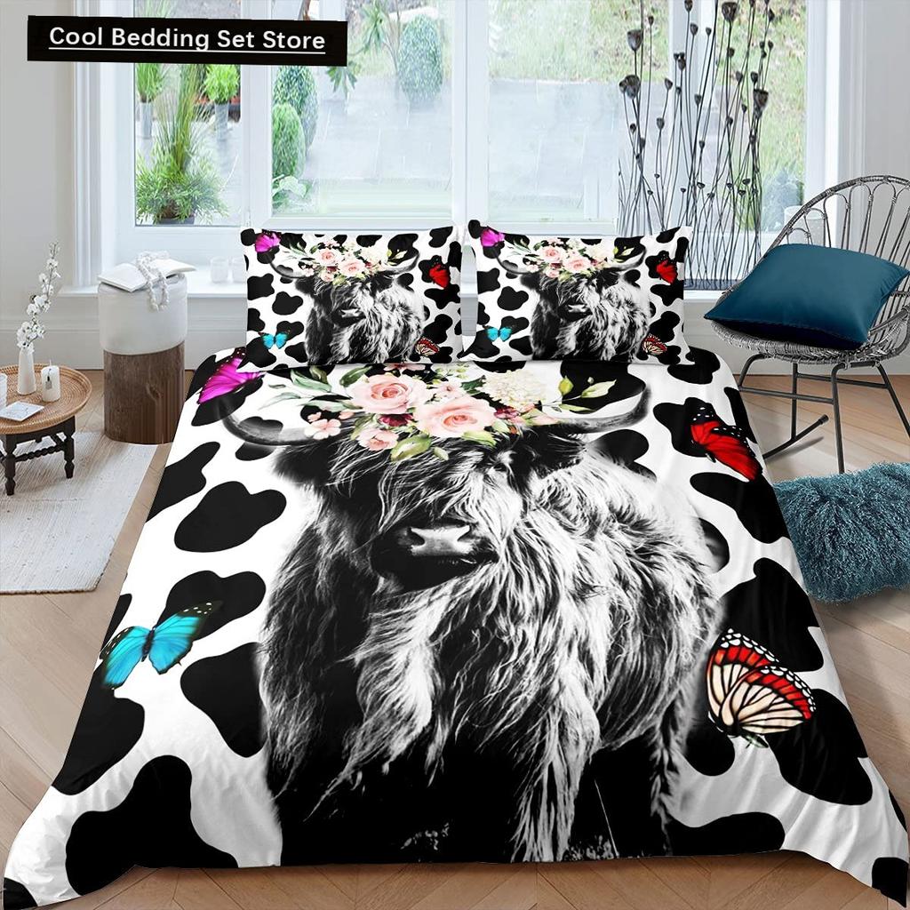 Highland Cow Flower King Queen Duvet Cover Cattle Rose Bedding Set Western Animal Comforter Cover Farmhouse Bull Quilt Cover