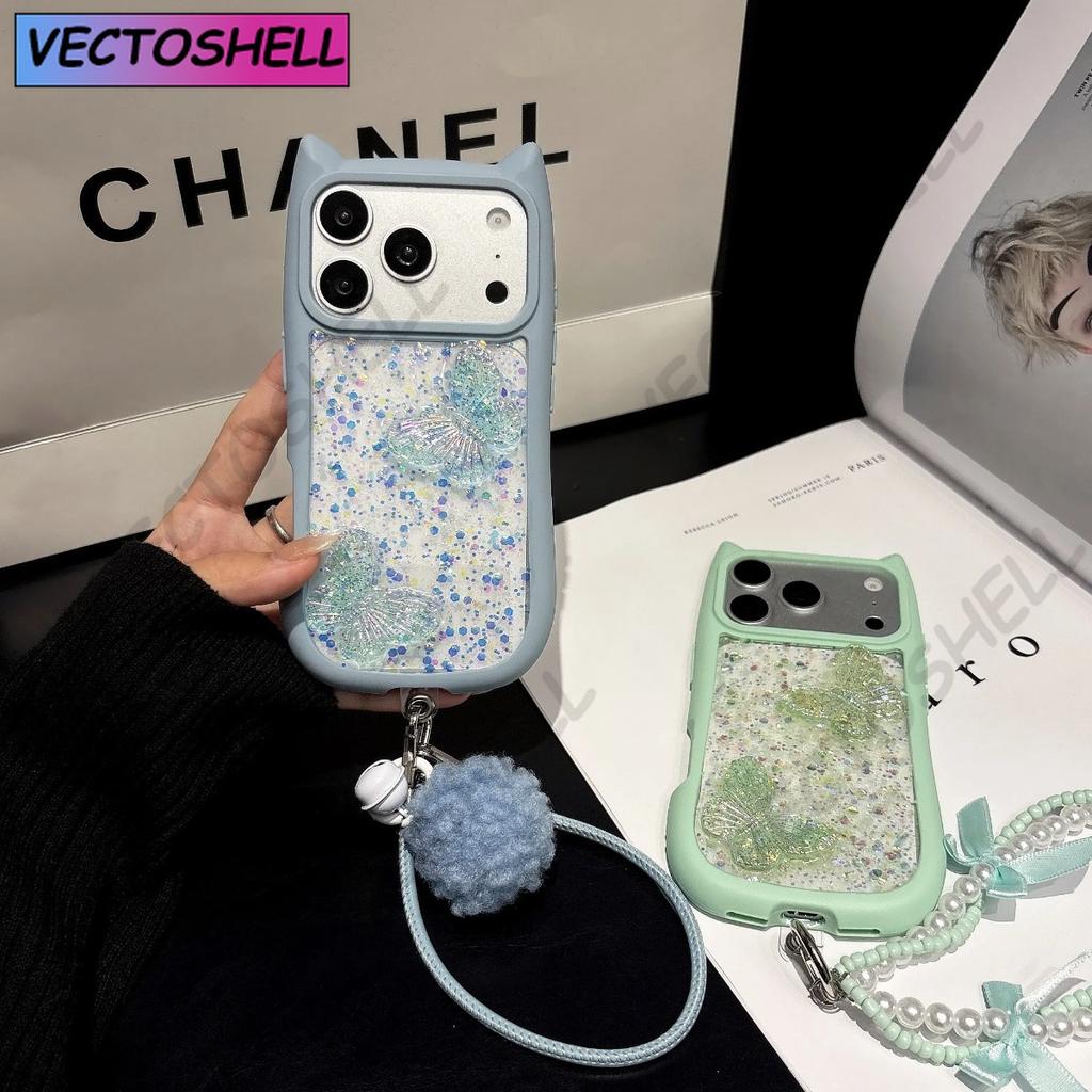 Милый Чехол-Подвеска с Ушками Кошки и Бабочкой Прозрачный для iPhone 17e 16 15 14 13 12 Pro Max 17 Air 11 Большое Окно Мягкие Края